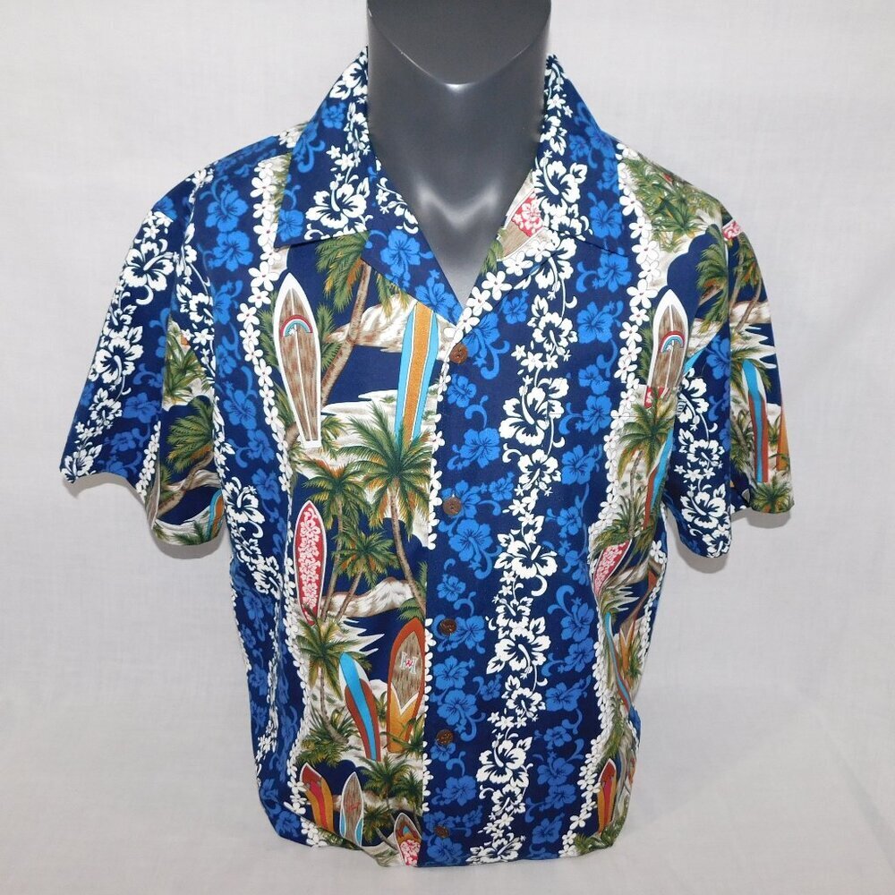 VTG Randy River R2 Hardcore Blue White Hibiscus Surfboards Hawaiian Shirt Mens M